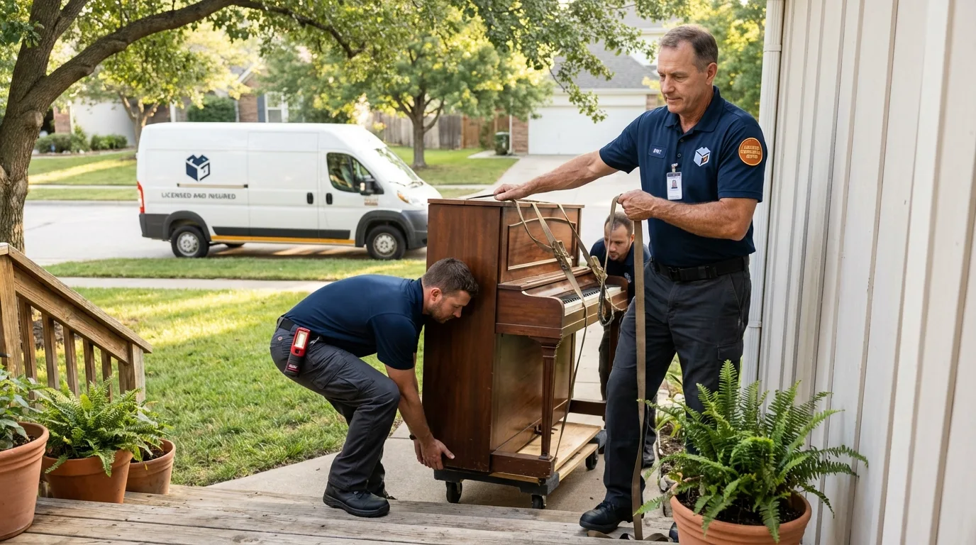 Licensed piano movers securing grand piano in Dallas, PA