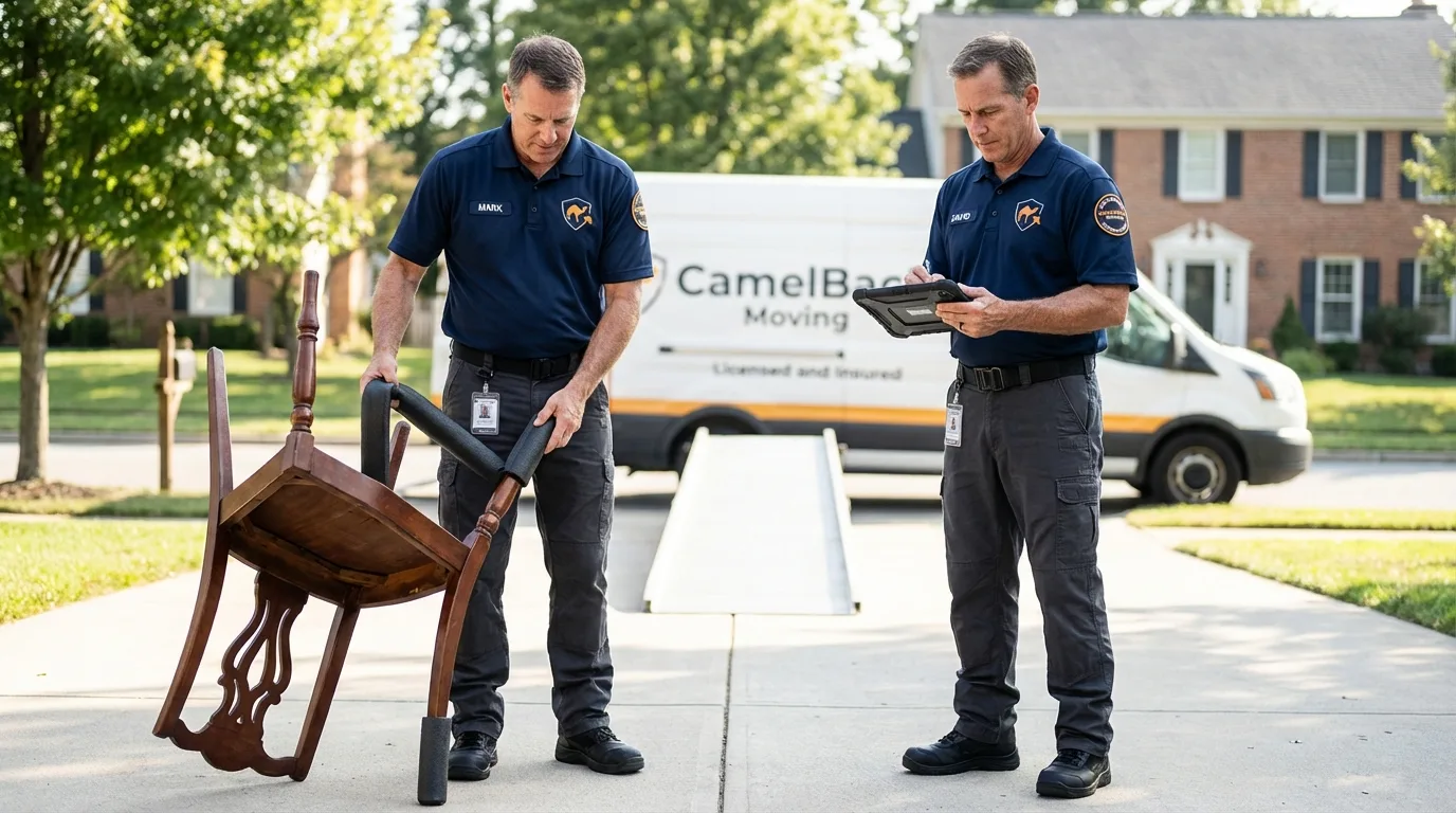 Movers inspecting furniture for damage prevention before loading in Dallas, PA
